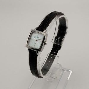 I Like Mikes Mid Century Modern Watches Skagen Petite Silver Tone Watch, Square Mother of Pearl Dial, Genuine Dark Brown Leather Strap
