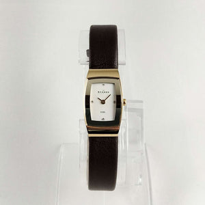 I Like Mikes Mid Century Modern Watches Skagen Petite Watch, Jewel and Gold Tone Details, Brown Genuine Leather Strap