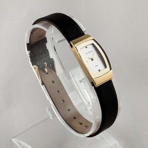 I Like Mikes Mid Century Modern Watches Skagen Petite Watch, Jewel and Gold Tone Details, Brown Genuine Leather Strap