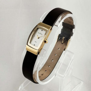 I Like Mikes Mid Century Modern Watches Skagen Petite Watch, Jewel and Gold Tone Details, Brown Genuine Leather Strap