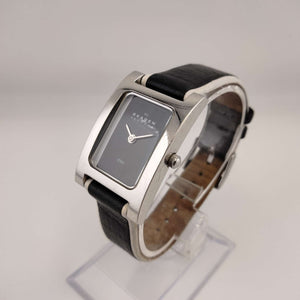 I Like Mikes Mid Century Modern Watches Skagen Petite Watch, Silver Tone Dial with a Black and White Face, Black Leather Strap with White Trim