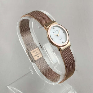 I Like Mikes Mid Century Modern Watches Skagen Petite Women's Watch, Mother of Pearl Dial, Rose Gold Tone Details, Mesh Strap