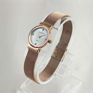 I Like Mikes Mid Century Modern Watches Skagen Petite Women's Watch, Mother of Pearl Dial, Rose Gold Tone Details, Mesh Strap