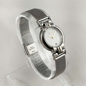 I Like Mikes Mid Century Modern Watches Skagen Round Silver Tone Watch, Gold Tone Hour Markers and Hands, Mesh Strap Mixed Metals
