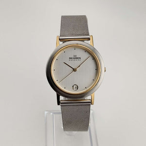 I Like Mikes Mid Century Modern Watches Skagen Silver Tone Unisex Watch, Gold Tone Details, Date Window, Adjustable Mesh Strap