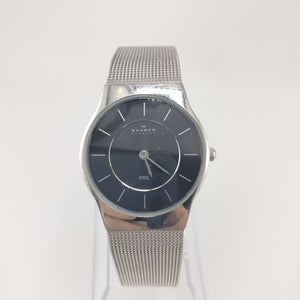 I Like Mikes Mid Century Modern Watches Skagen Silver Tone Watch, Round Black Dial, Silver Dash Hour Marks, Adjustable Mesh Strap