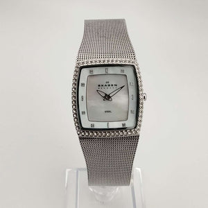I Like Mikes Mid Century Modern Watches Skagen Silver Tone Watch, Square Mother of Pearl Dial, Adjustable Mesh Strap