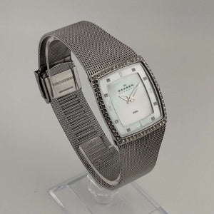 I Like Mikes Mid Century Modern Watches Skagen Silver Tone Watch, Square Mother of Pearl Dial, Adjustable Mesh Strap
