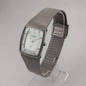 I Like Mikes Mid Century Modern Watches Skagen Silver Tone Watch, Square Mother of Pearl Dial, Adjustable Mesh Strap