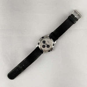 I Like Mikes Mid Century Modern Watches Skagen Stainless Steel Men's Chronograph Watch, Glow in the Dark Hour Markers, Black Leather Strap