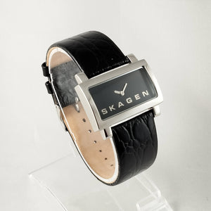 I Like Mikes Mid Century Modern Watches Skagen Stainless Steel Men's Watch, Black Dial with Logo, Genuine Black Leather Strap