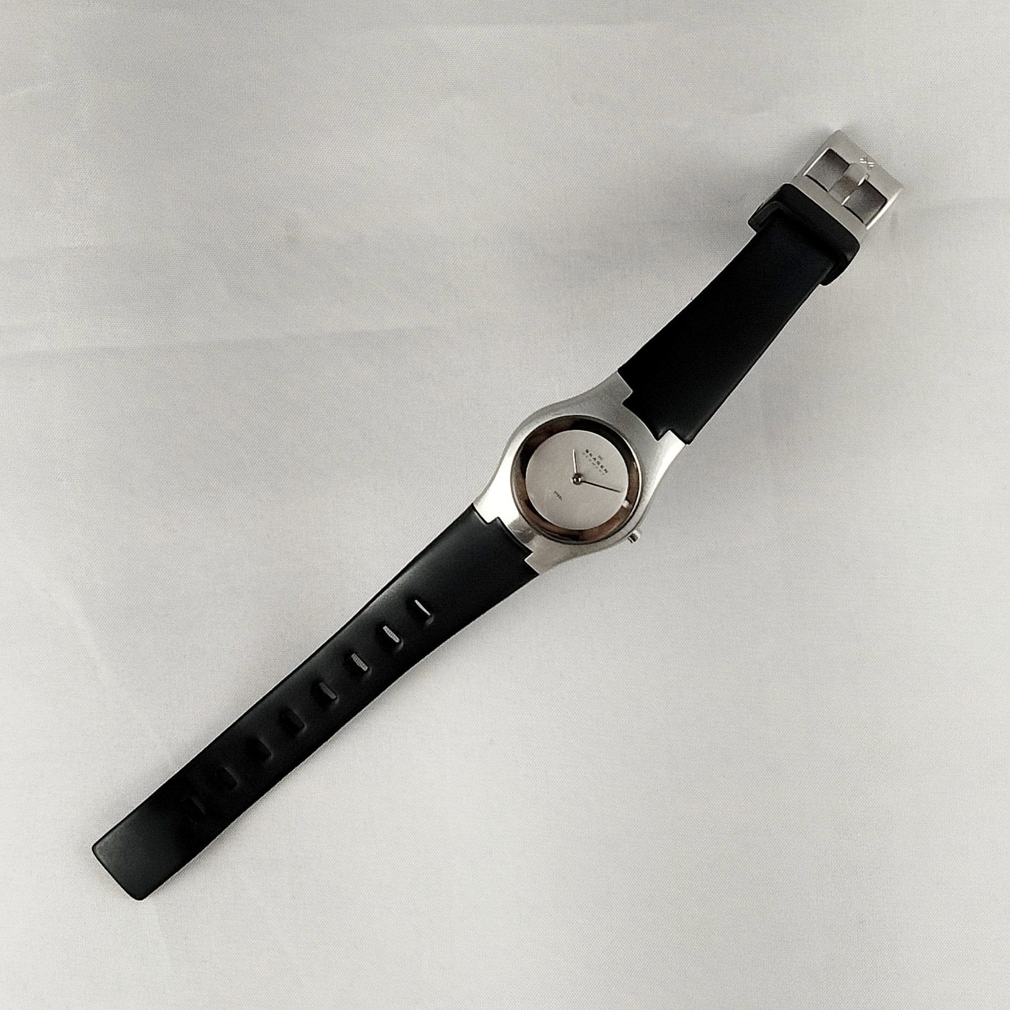 I Like Mikes Mid Century Modern Watches Skagen Stainless Steel Men's Watch, Black Rubber Strap