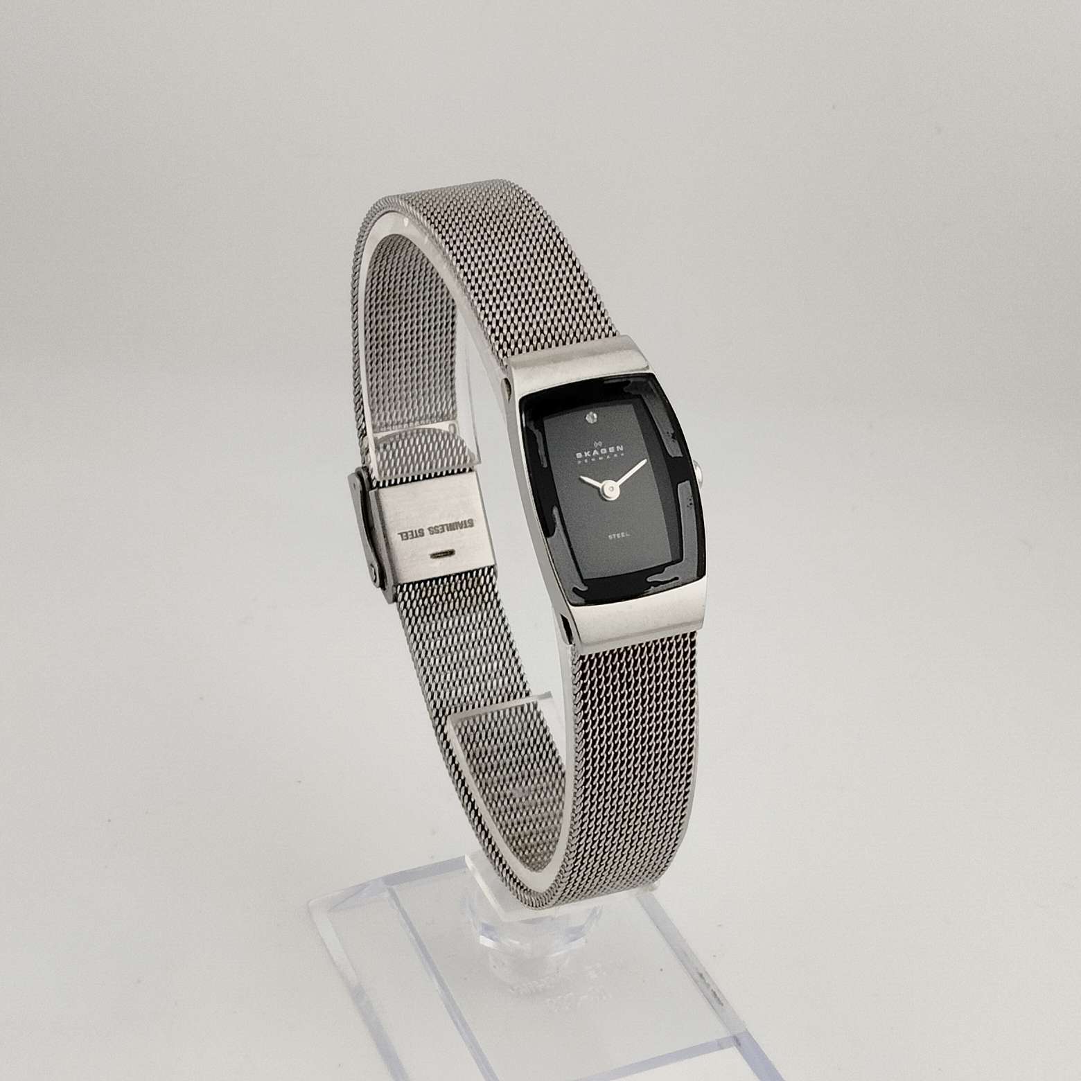 Skagen stainless steel mesh band with black face. Sophisticated Skagen Hagen Stainless Steel Mesh Watch with  main image 3