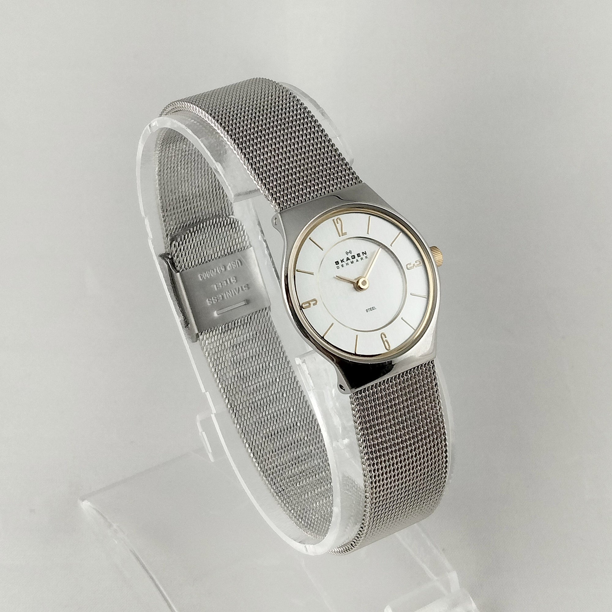 I Like Mikes Mid Century Modern Watches Skagen Stainless Steel Unisex Watch, Gold Tone Details, Mesh Strap