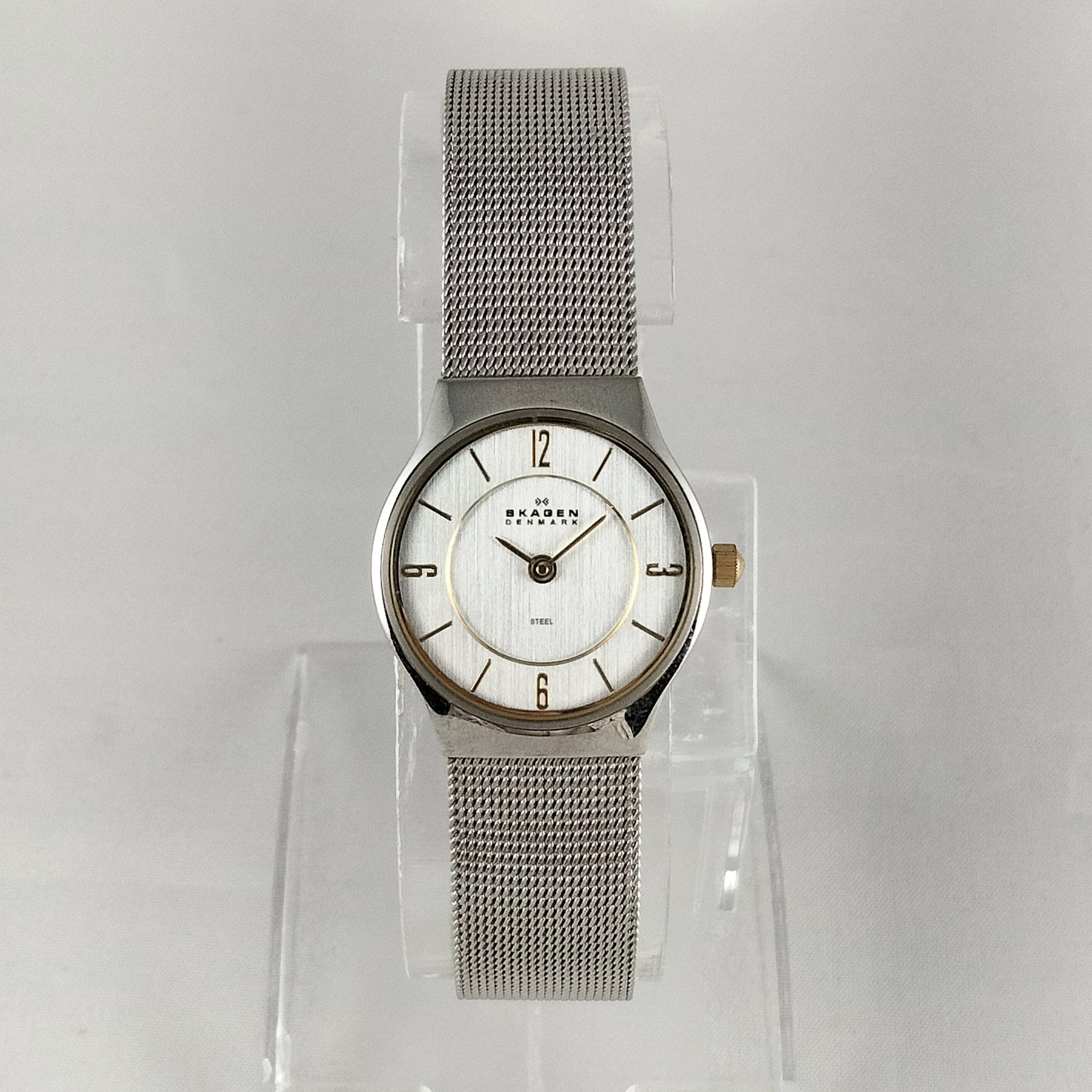 I Like Mikes Mid Century Modern Watches Skagen Stainless Steel Unisex Watch, Gold Tone Details, Mesh Strap