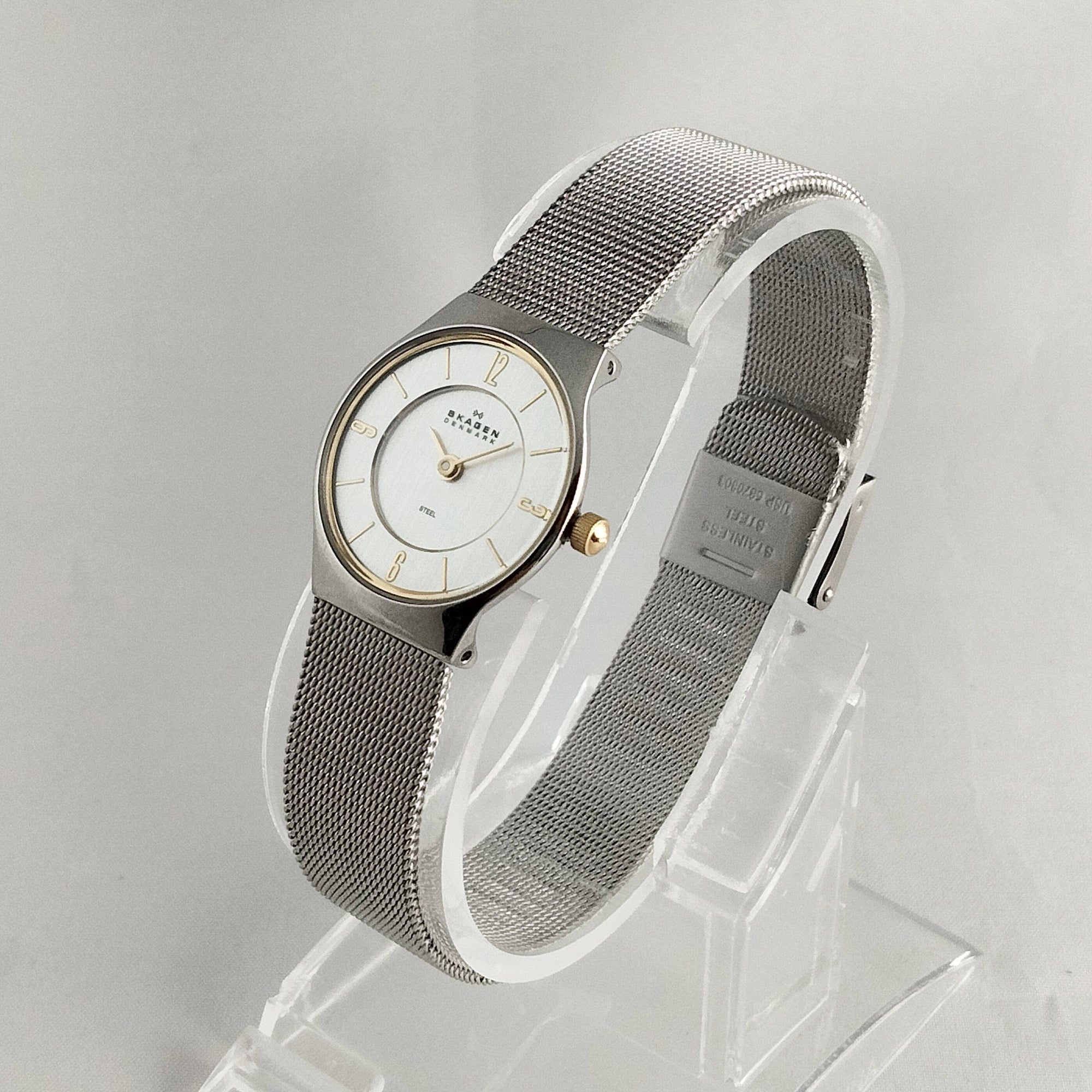 I Like Mikes Mid Century Modern Watches Skagen Stainless Steel Unisex Watch, Gold Tone Details, Mesh Strap