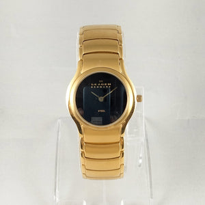 I Like Mikes Mid Century Modern Watches Skagen Stainless Steel Unisex Watch, Gold Tone Finish, Black Dial