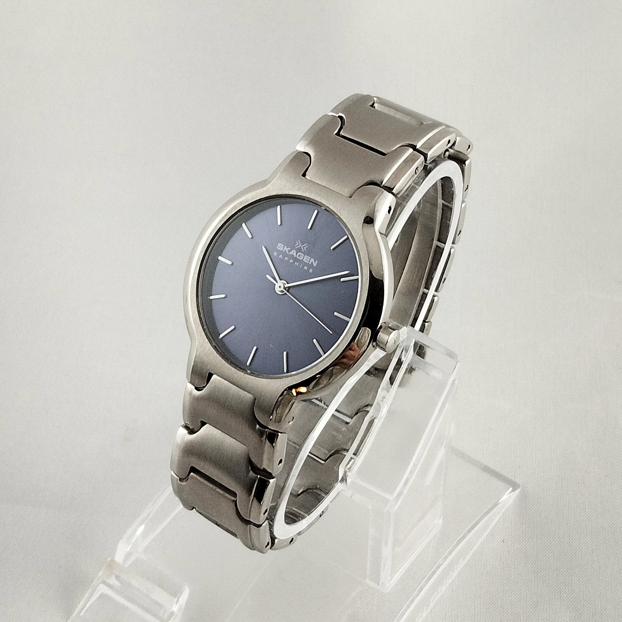 I Like Mikes Mid Century Modern Watches Skagen Stainless Steel Unisex Watch, Violet Dial, Bracelet Strap