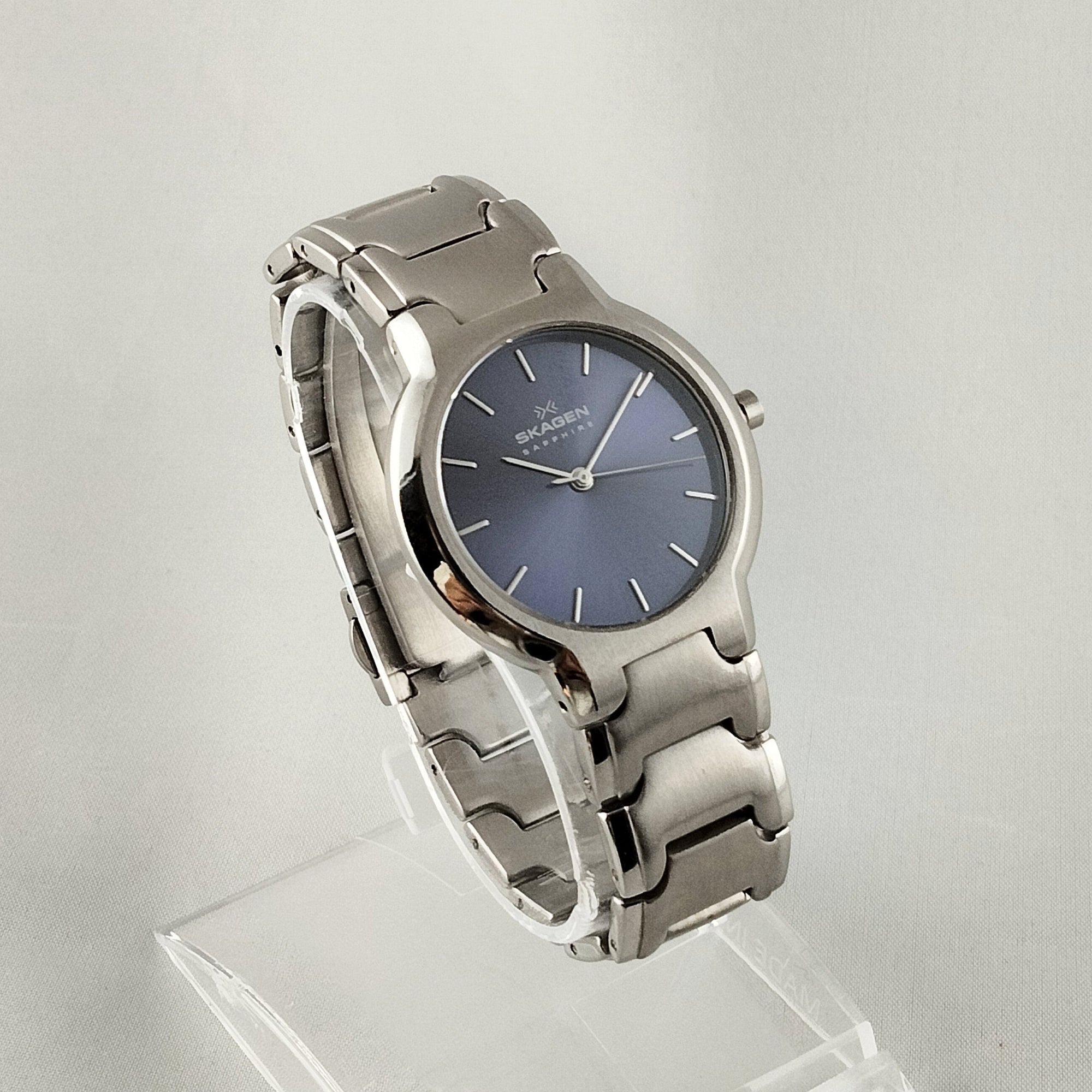 I Like Mikes Mid Century Modern Watches Skagen Stainless Steel Unisex Watch, Violet Dial, Bracelet Strap