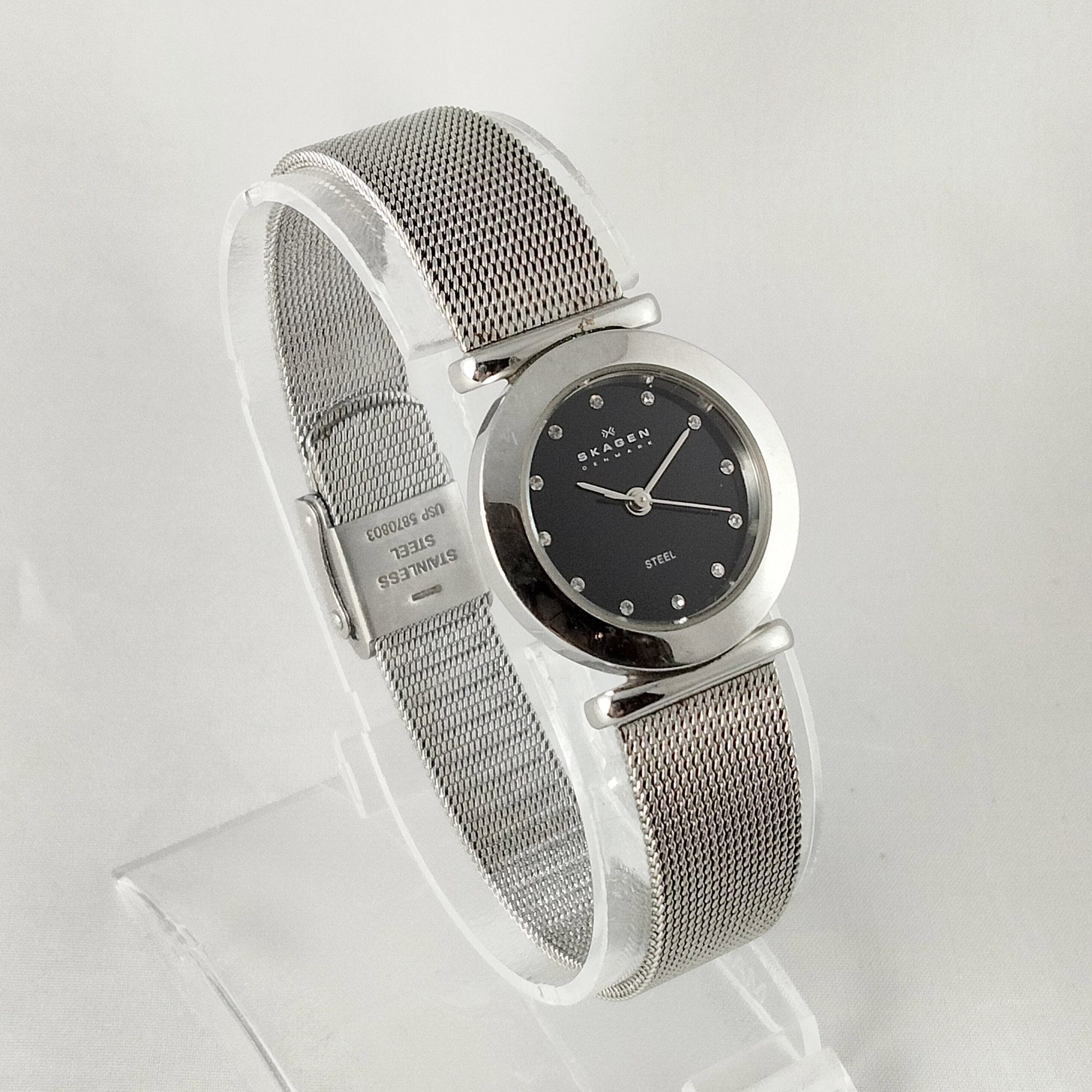 I Like Mikes Mid Century Modern Watches Skagen Stainless Steel Women's Watch, Black Dial with Jewel Hour Markers, Mesh Strap