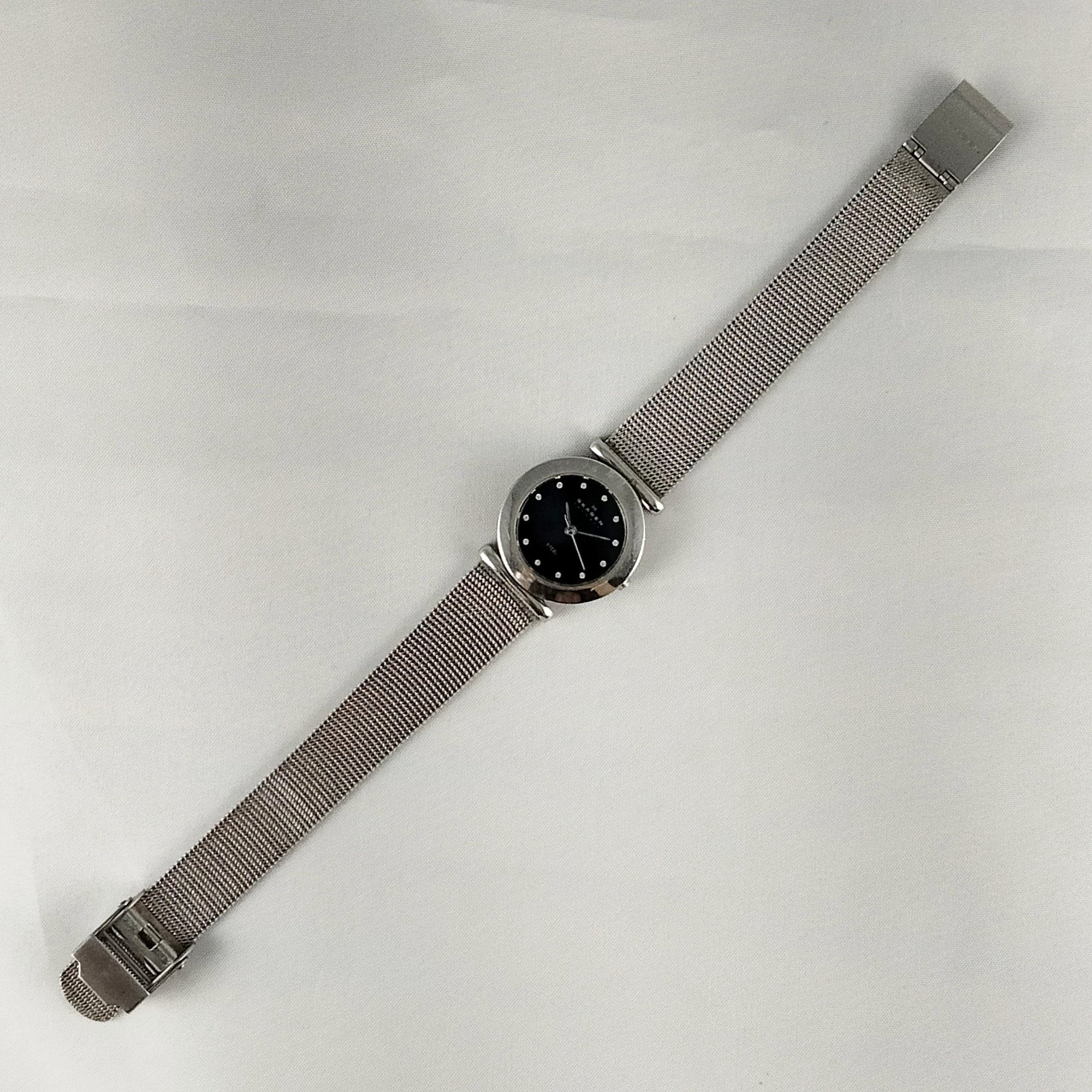 I Like Mikes Mid Century Modern Watches Skagen Stainless Steel Women's Watch, Black Dial with Jewel Hour Markers, Mesh Strap