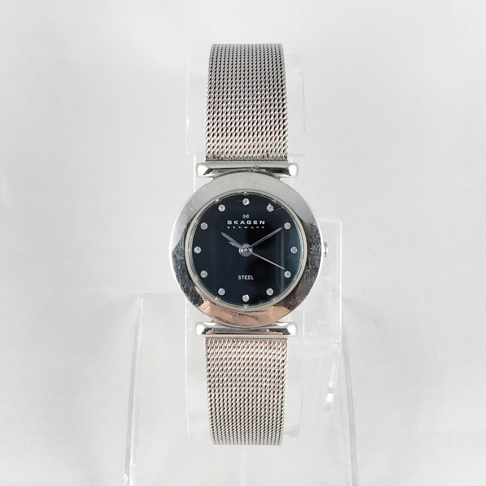 I Like Mikes Mid Century Modern Watches Skagen Stainless Steel Women's Watch, Black Dial with Jewel Hour Markers, Mesh Strap