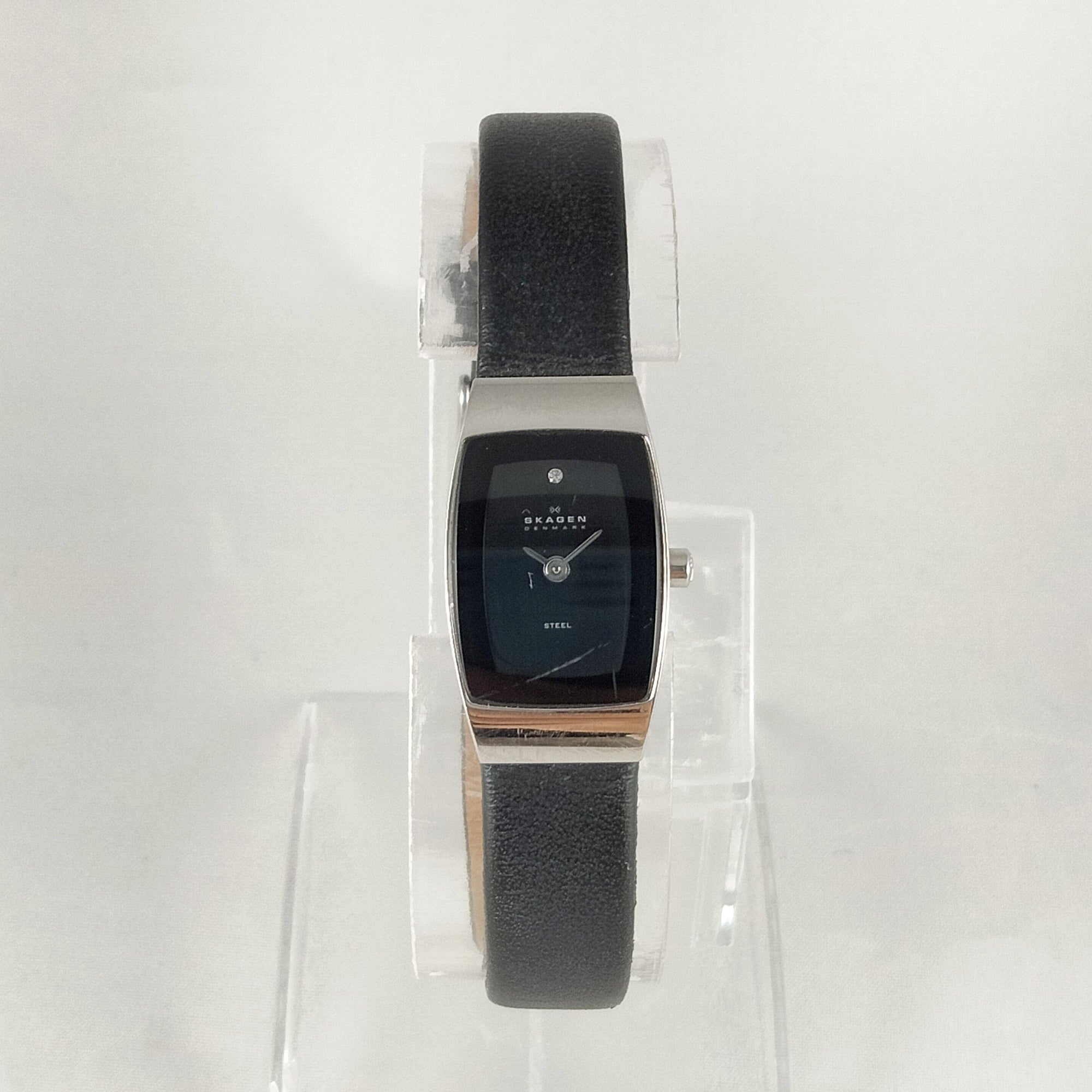 I Like Mikes Mid Century Modern Watches Skagen Stainless Steel Women's Watch, Elongated Black Dial, Black Genuine Leather Strap