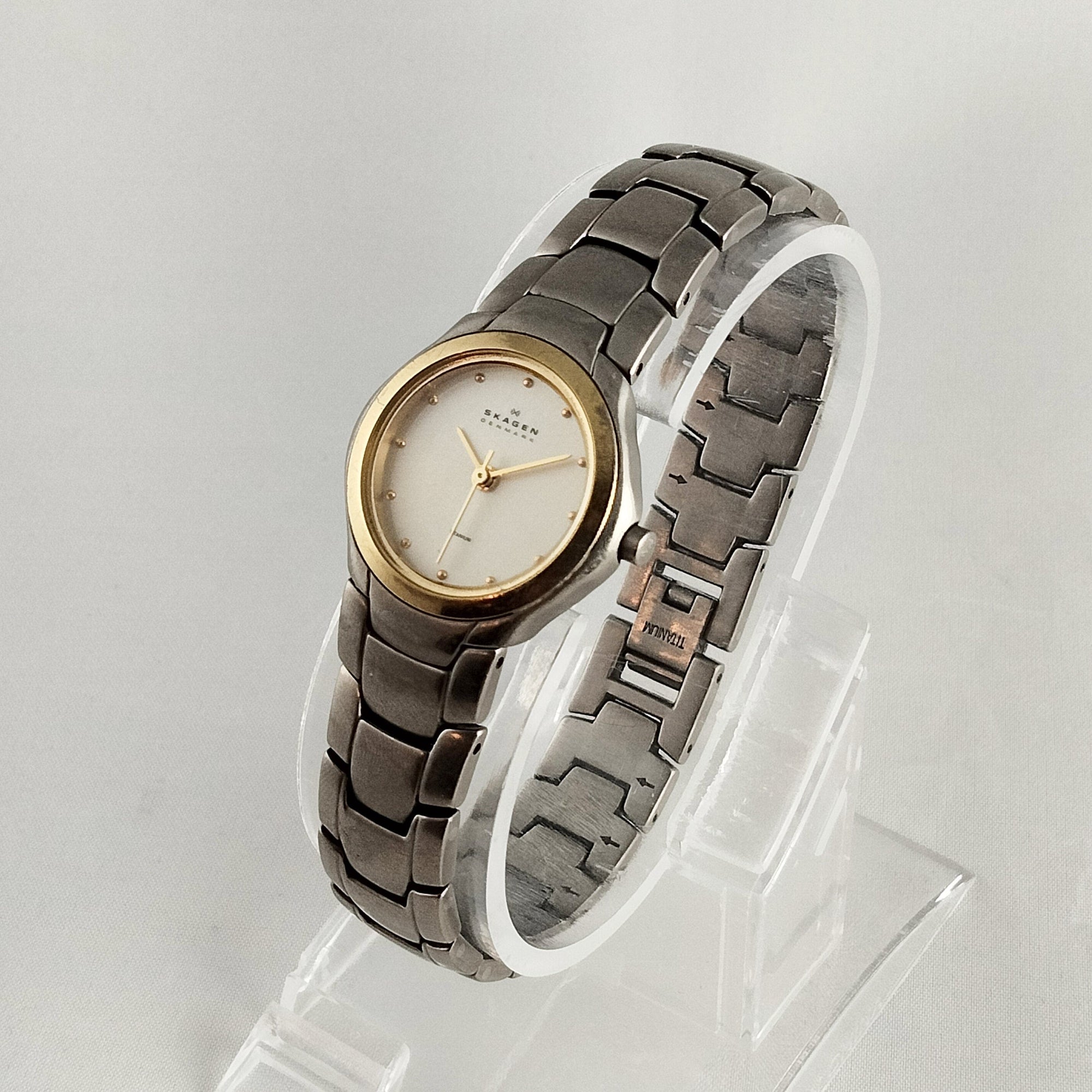 I Like Mikes Mid Century Modern Watches Skagen Stainless Steel Women's Watch, Gold Tone Details, Bracelet Strap