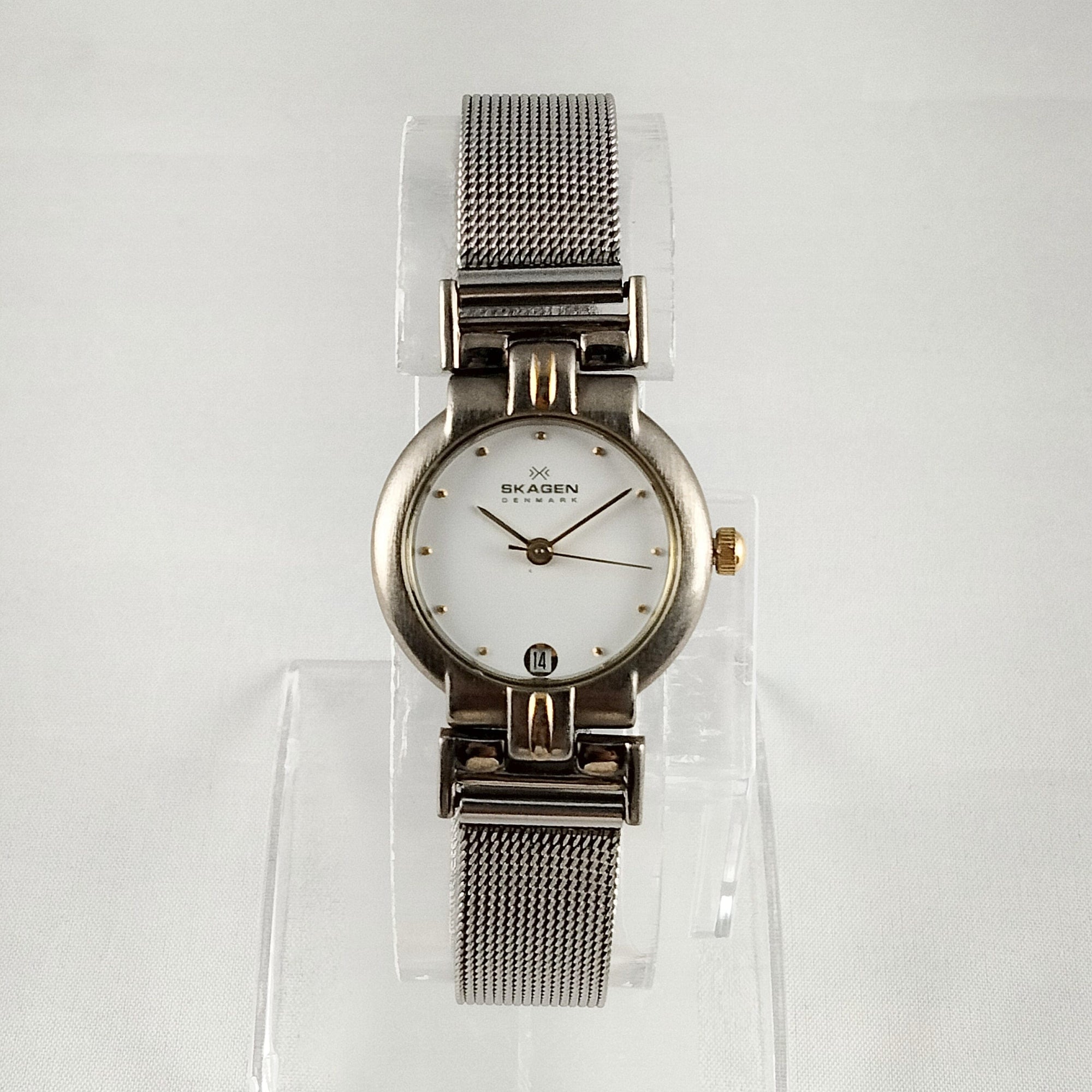 I Like Mikes Mid Century Modern Watches Skagen Stainless Steel Women's Watch, Gold Tone Details, Mesh Strap