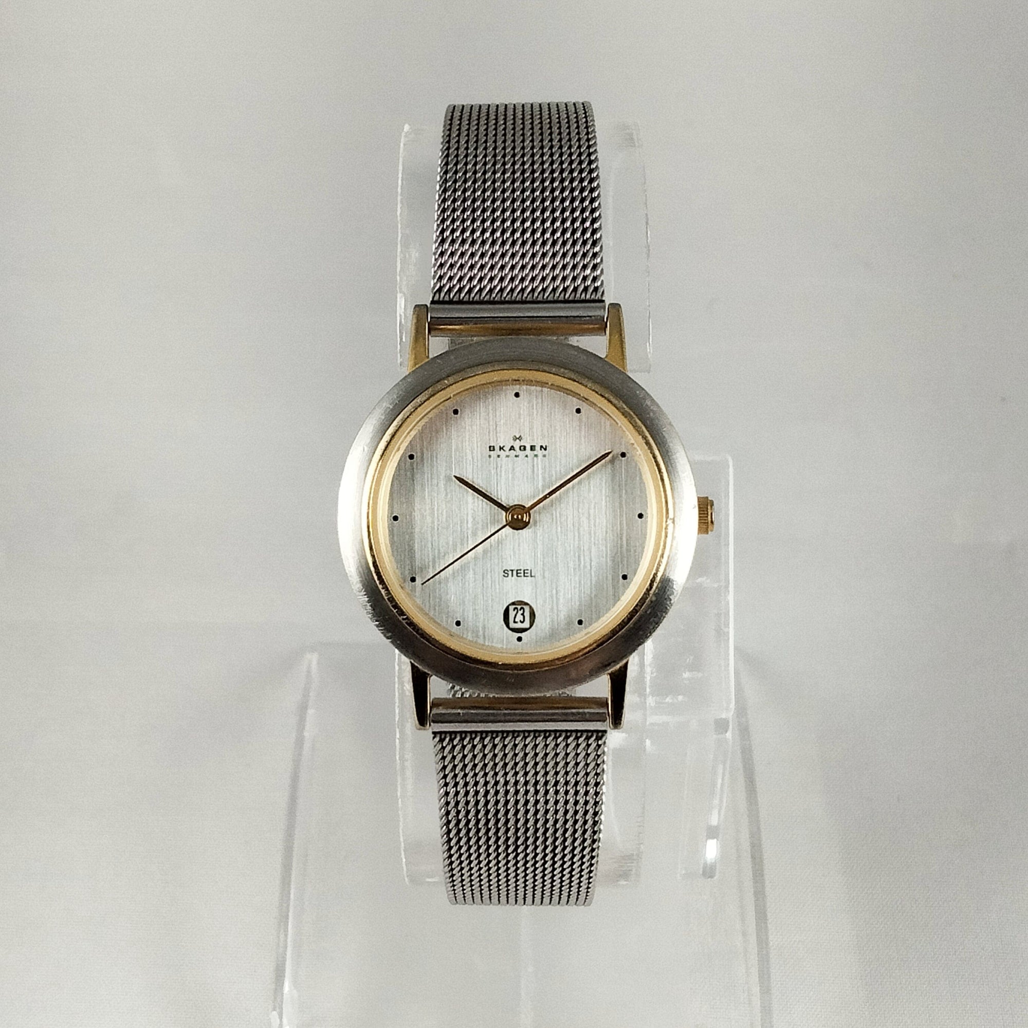 I Like Mikes Mid Century Modern Watches Skagen Stainless Steel Women's Watch, Gold Tone Details, Mesh Strap