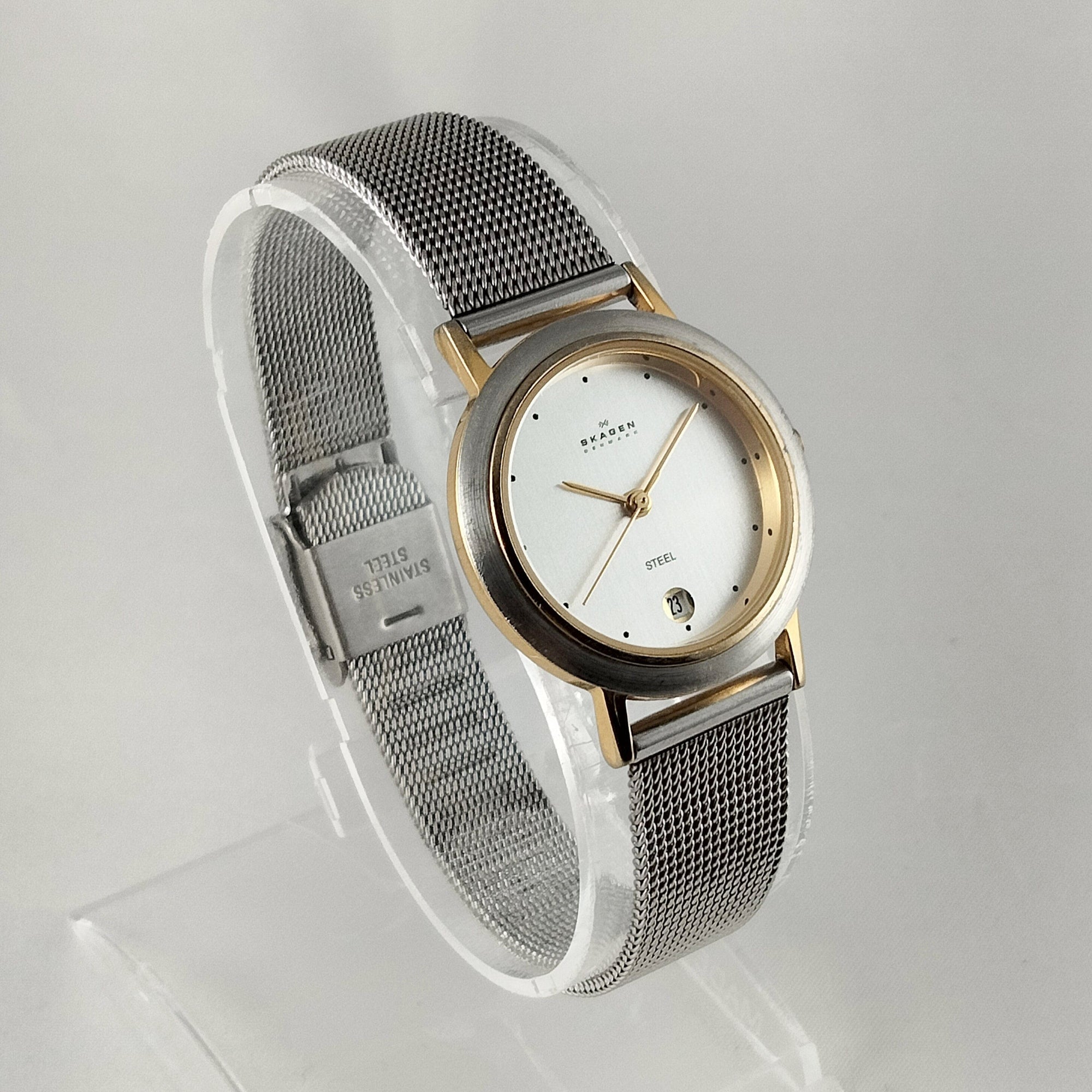 I Like Mikes Mid Century Modern Watches Skagen Stainless Steel Women's Watch, Gold Tone Details, Mesh Strap