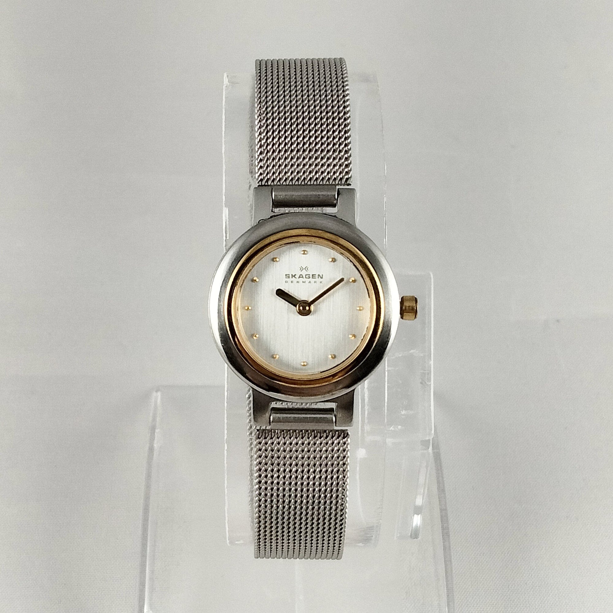 I Like Mikes Mid Century Modern Watches Skagen Stainless Steel Women's Watch, Gold Tone Details, Mesh Strap