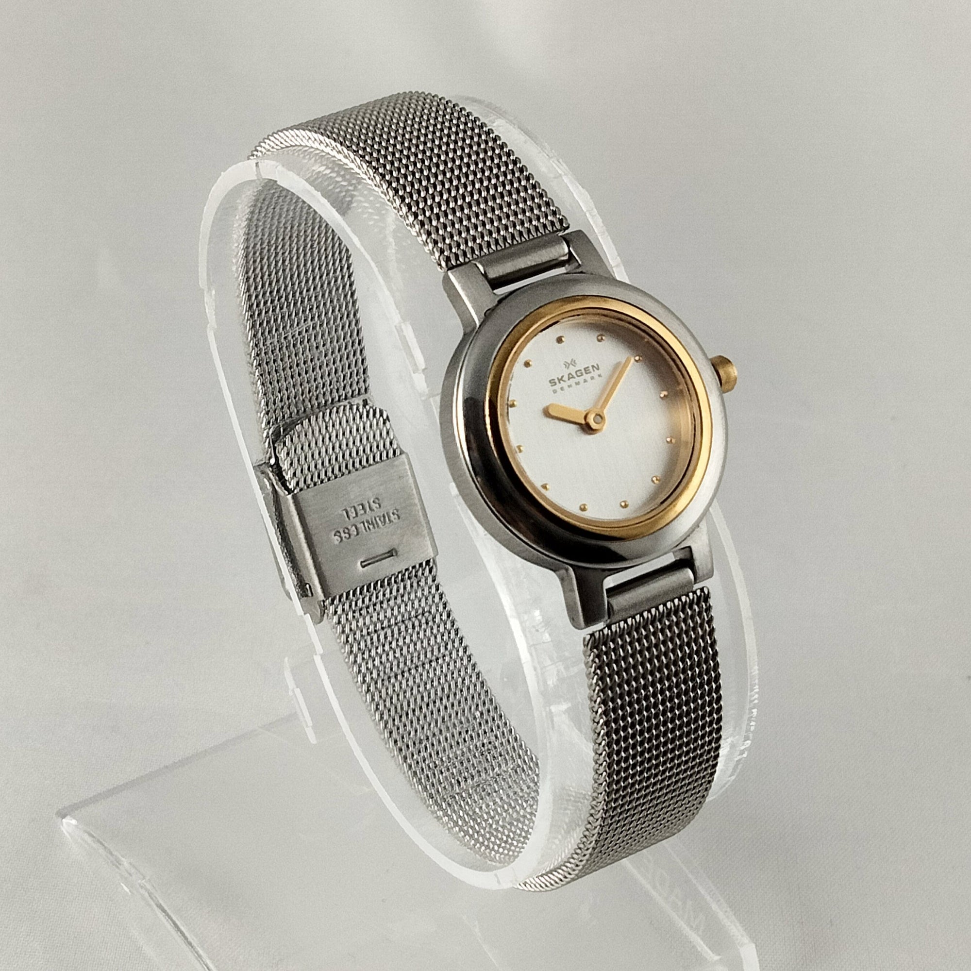 I Like Mikes Mid Century Modern Watches Skagen Stainless Steel Women's Watch, Gold Tone Details, Mesh Strap