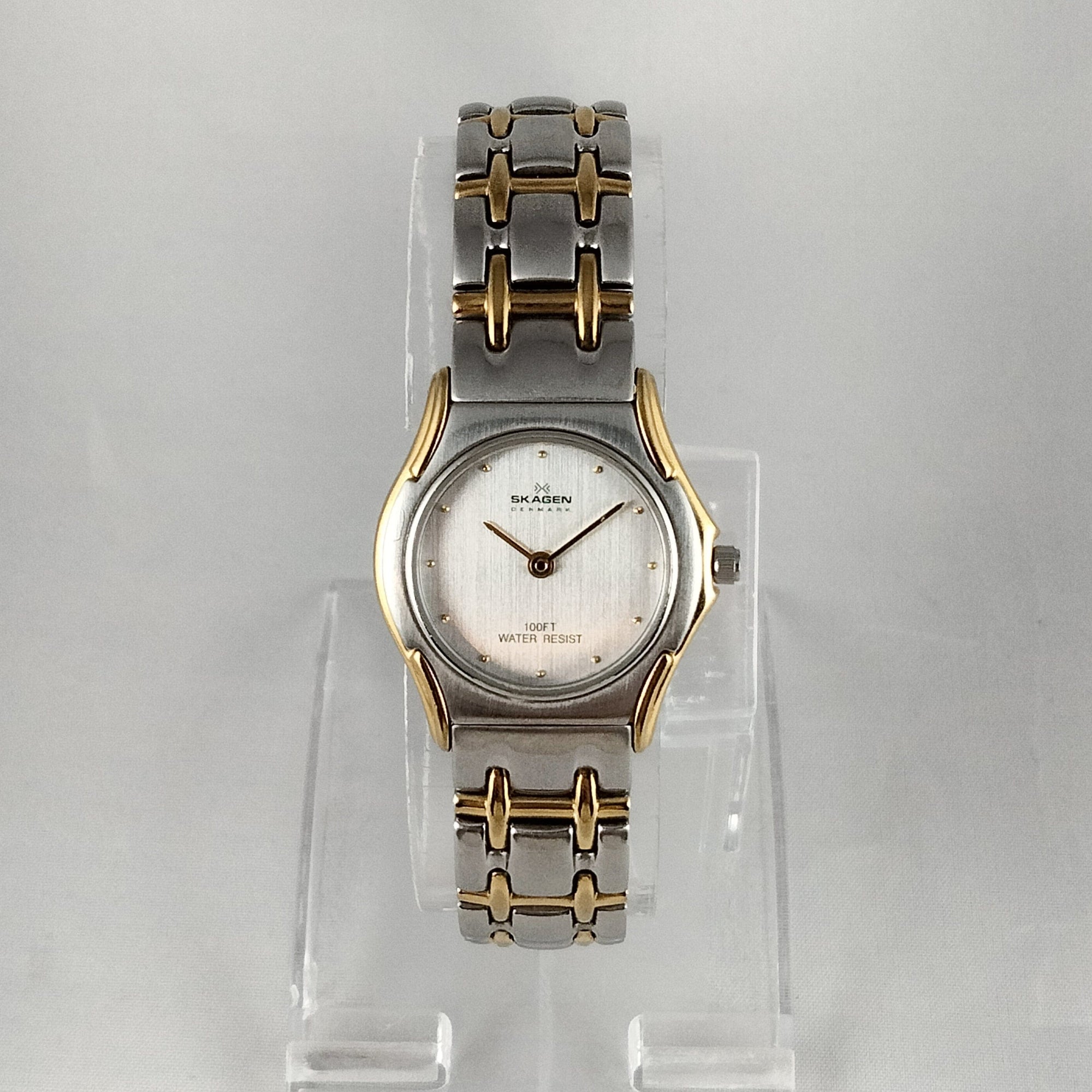 I Like Mikes Mid Century Modern Watches Skagen Stainless Steel Women's Watch, Gold Tone Hour Markers and Details, Bracelet Strap