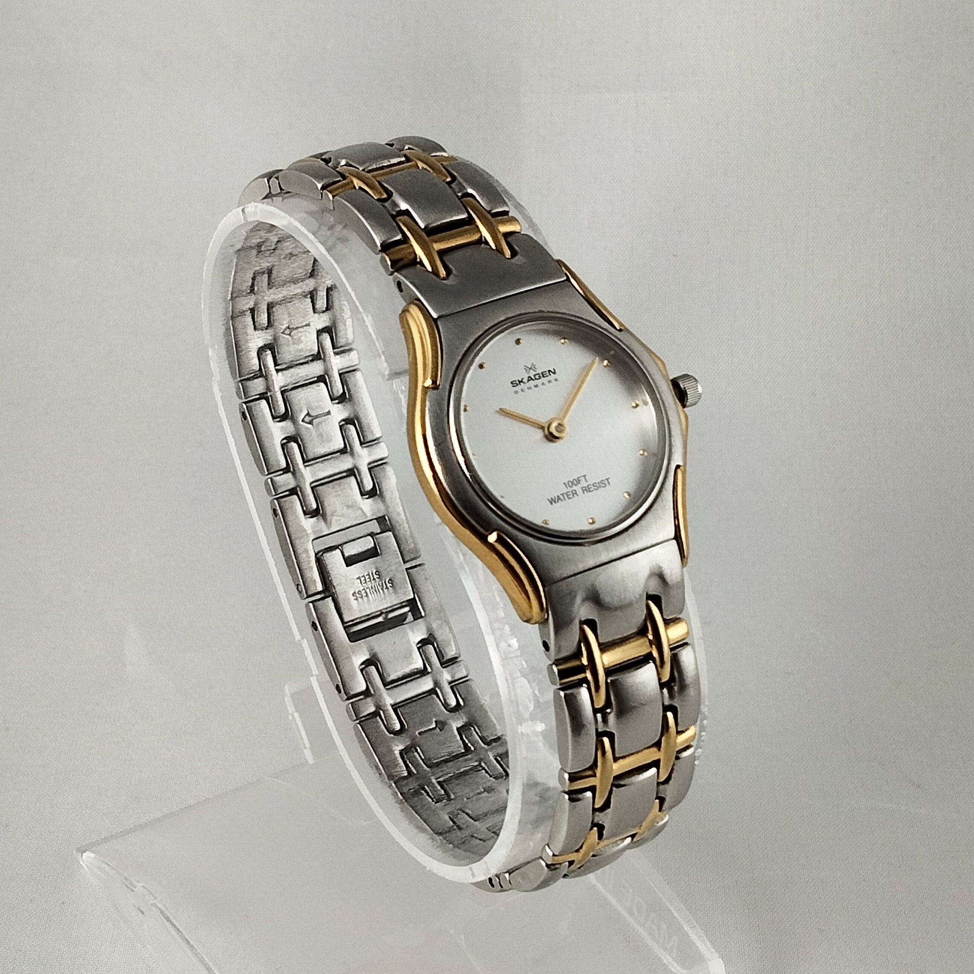 I Like Mikes Mid Century Modern Watches Skagen Stainless Steel Women's Watch, Gold Tone Hour Markers and Details, Bracelet Strap