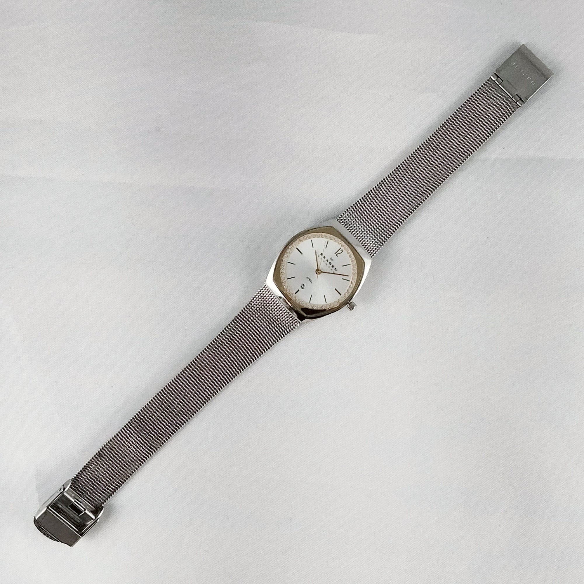 I Like Mikes Mid Century Modern Watches Skagen Stainless Steel Women's Watch, Jewel Details, Date Window, Mesh Strap