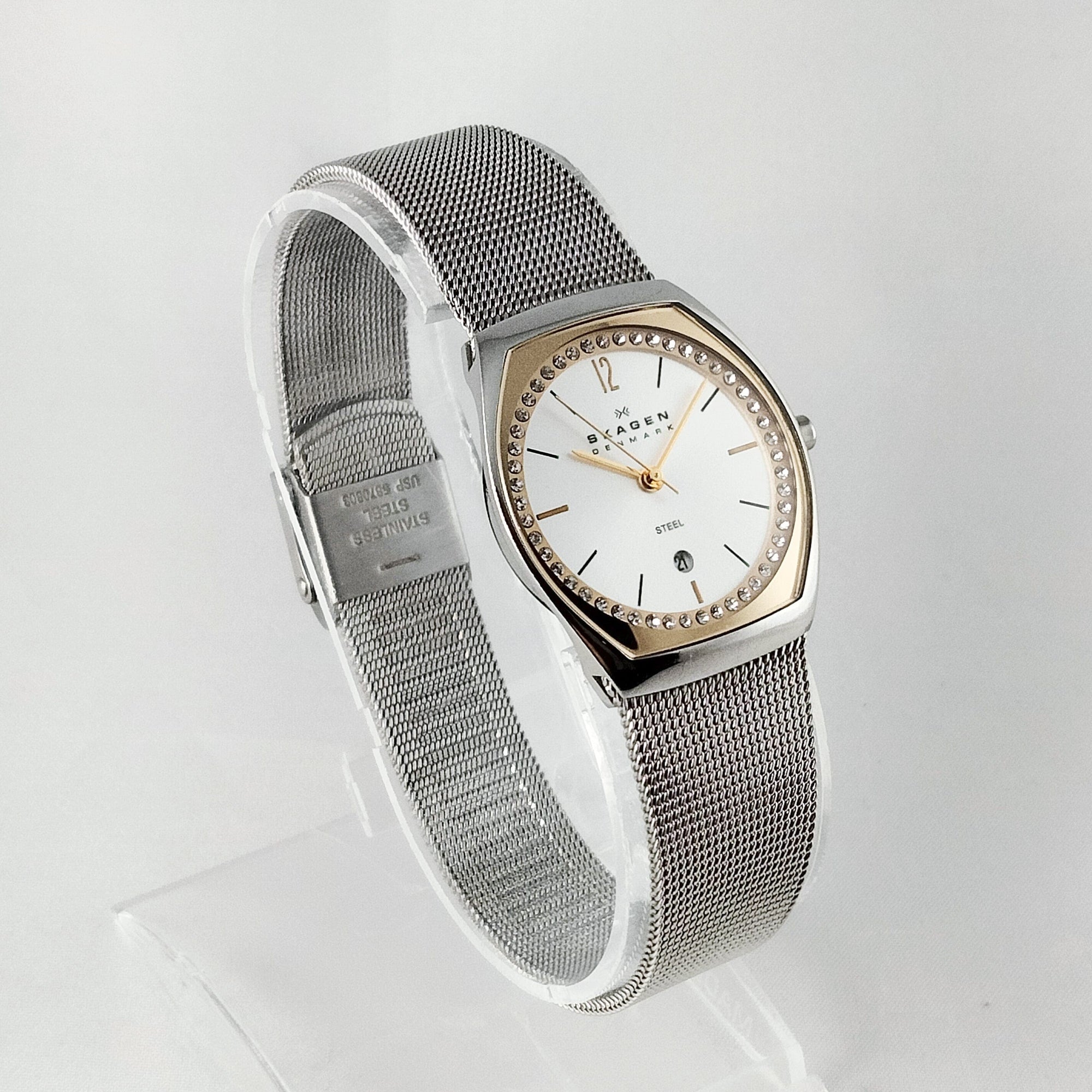 I Like Mikes Mid Century Modern Watches Skagen Stainless Steel Women's Watch, Jewel Details, Date Window, Mesh Strap