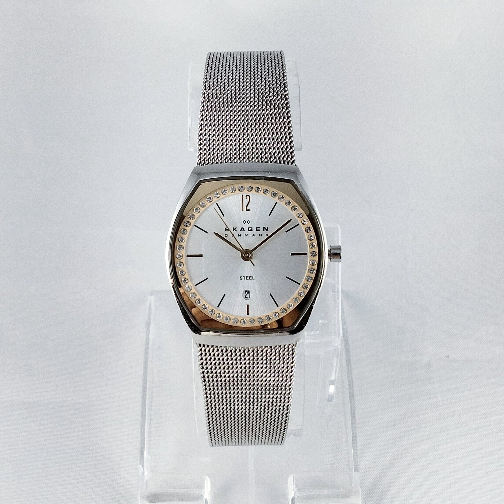 I Like Mikes Mid Century Modern Watches Skagen Stainless Steel Women's Watch, Jewel Details, Date Window, Mesh Strap