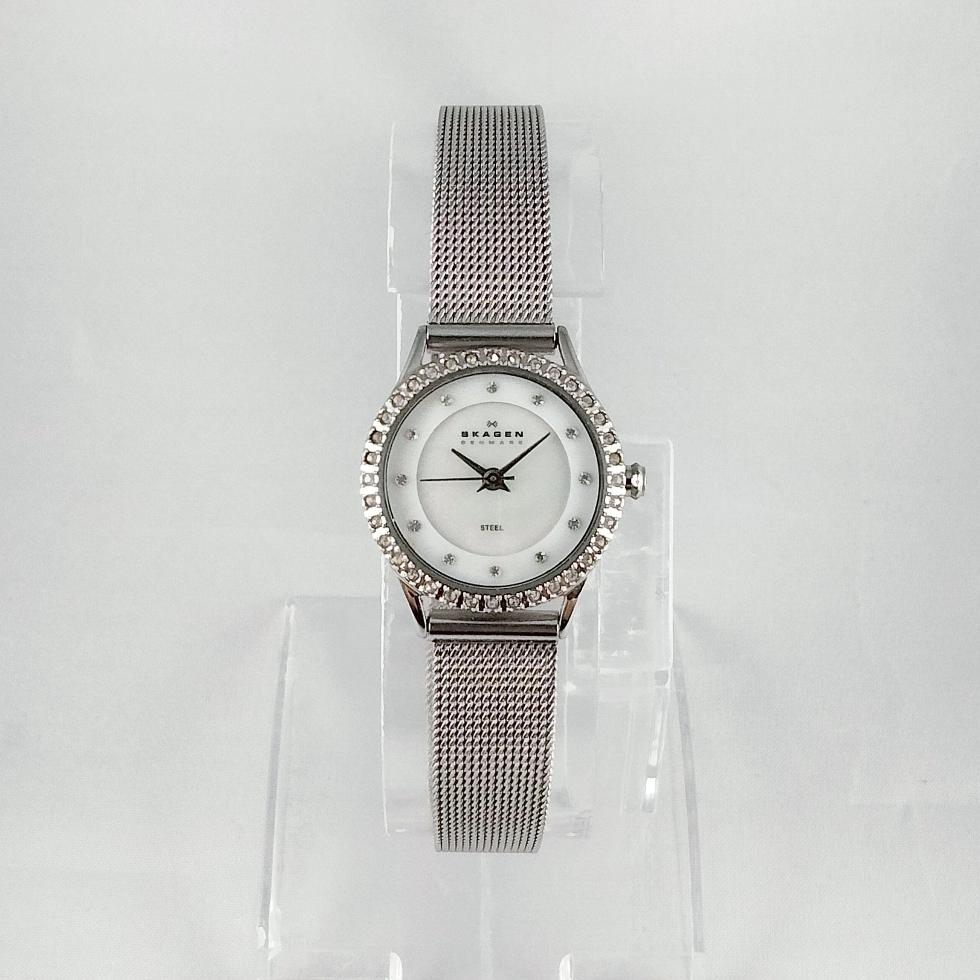 I Like Mikes Mid Century Modern Watches Skagen Stainless Steel Women's Watch, Jewel Details, Mother of Pearl Dial, Mesh Strap