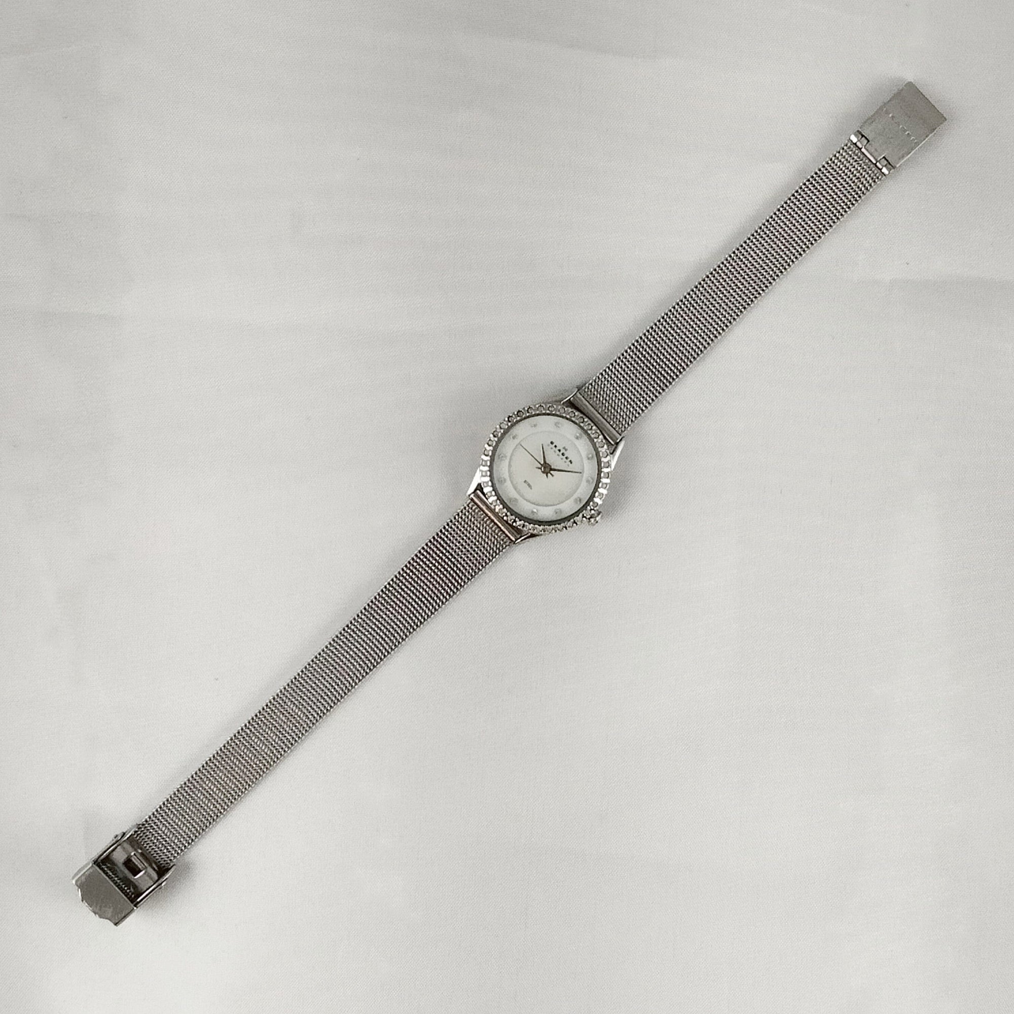 I Like Mikes Mid Century Modern Watches Skagen Stainless Steel Women's Watch, Jewel Details, Mother of Pearl Dial, Mesh Strap