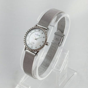 I Like Mikes Mid Century Modern Watches Skagen Stainless Steel Women's Watch, Jewel Details, Mother of Pearl Dial, Mesh Strap