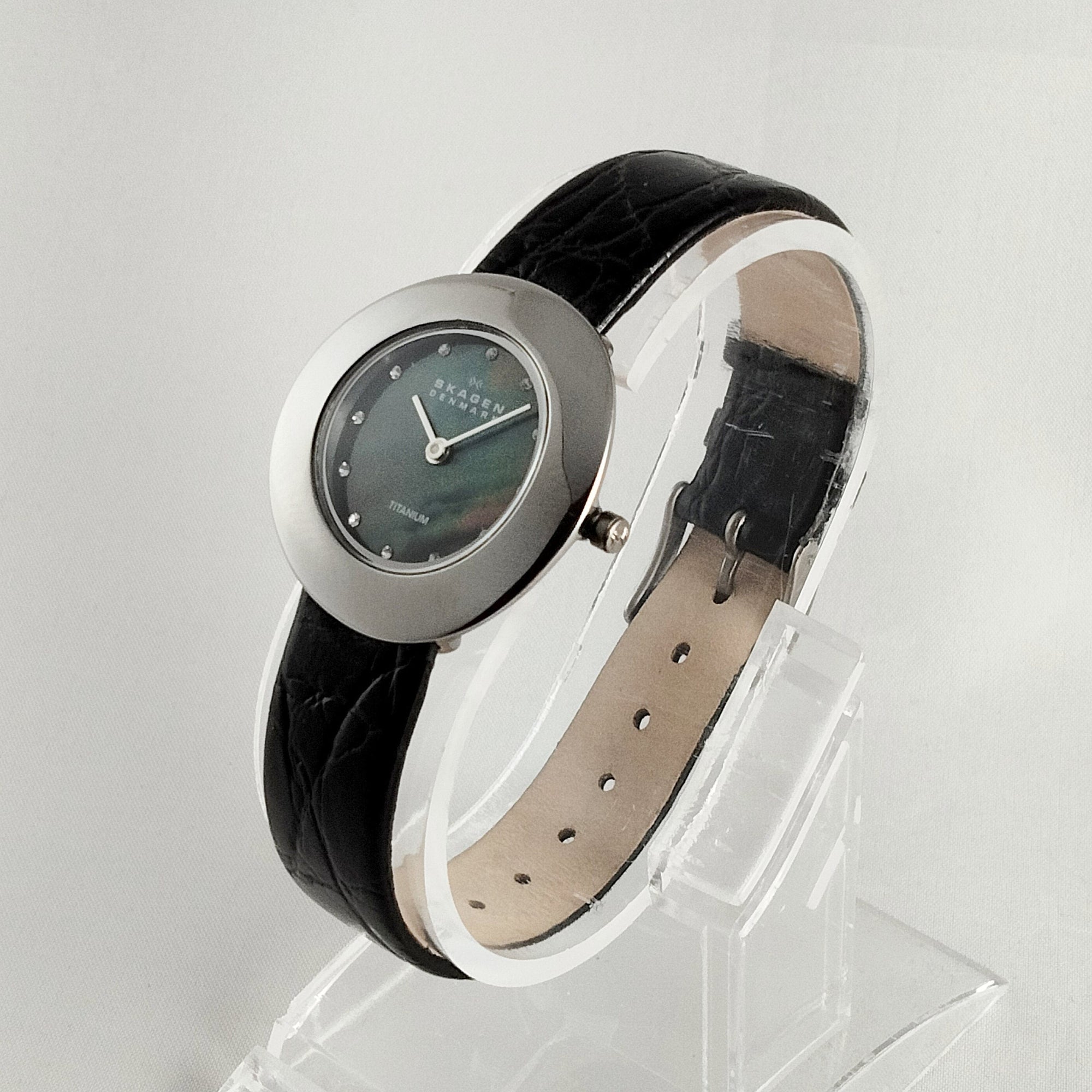 I Like Mikes Mid Century Modern Watches Skagen Titanium Watch, Black Mother of Pearl Dial, Genuine Black Leather Strap