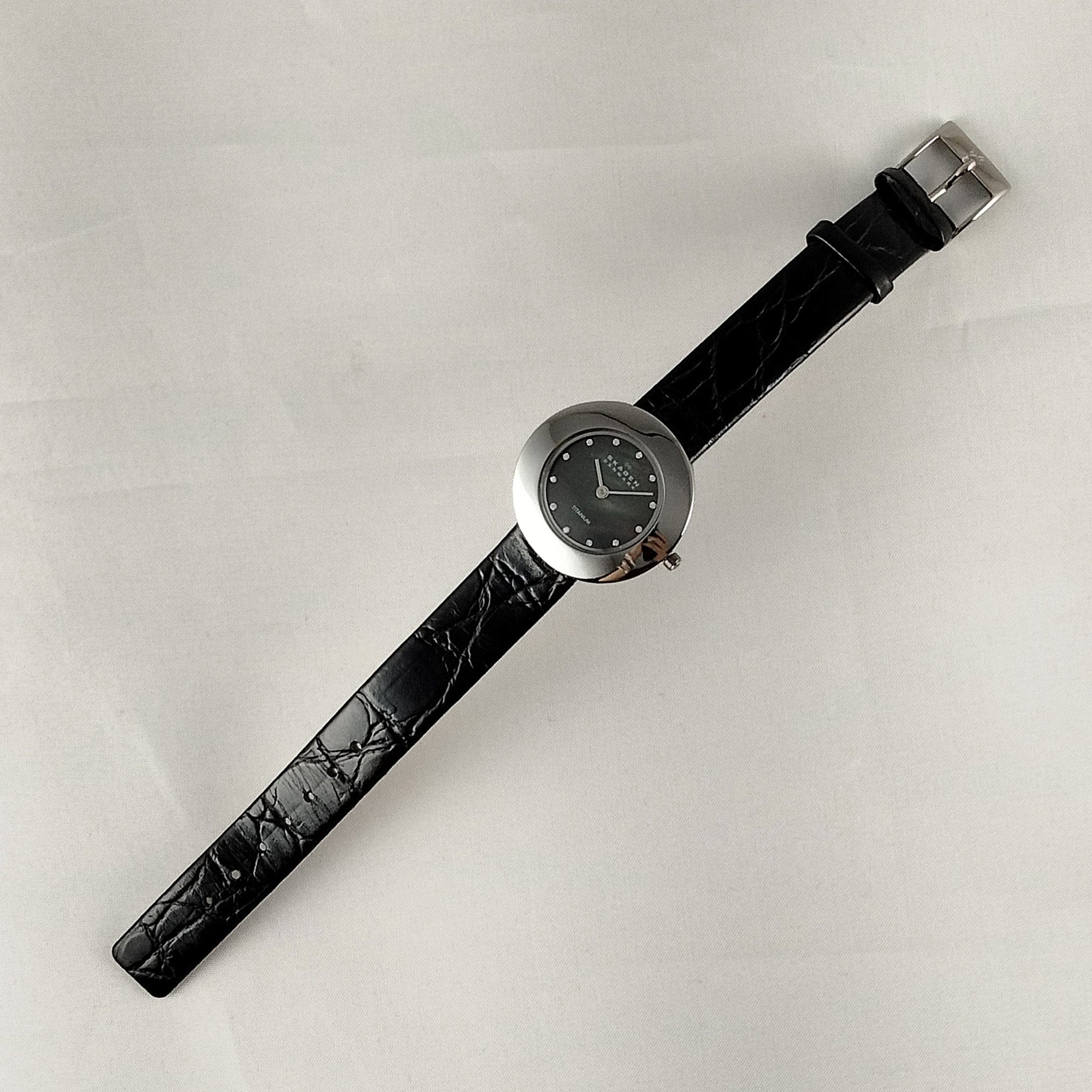 I Like Mikes Mid Century Modern Watches Skagen Titanium Watch, Black Mother of Pearl Dial, Genuine Black Leather Strap
