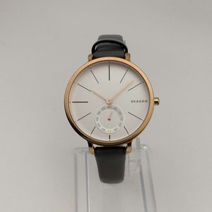 I Like Mikes Mid Century Modern Watches Skagen Unisex Copper Tone Watch, Round White Chronograph, Genuine Grey Leather Strap