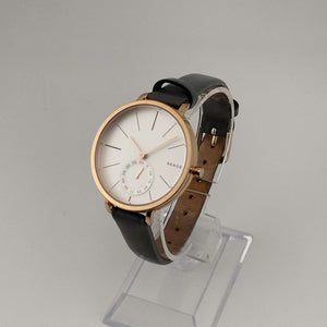 I Like Mikes Mid Century Modern Watches Skagen Unisex Copper Tone Watch, Round White Chronograph, Genuine Grey Leather Strap