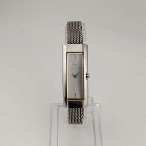 I Like Mikes Mid Century Modern Watches Skagen Unisex Silver Tone Watch, Elongated Rectangular Dial, Adjustable Mesh Strap