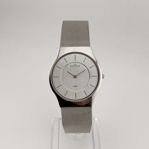 I Like Mikes Mid Century Modern Watches Skagen Unisex Silver Tone Watch, Gold Tone Details, Round Dial, Adjustable Mesh Strap