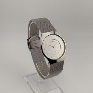 I Like Mikes Mid Century Modern Watches Skagen Unisex Silver Tone Watch, Gold Tone Details, Round Dial, Adjustable Mesh Strap