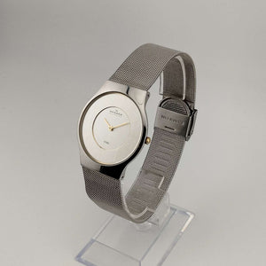 I Like Mikes Mid Century Modern Watches Skagen Unisex Silver Tone Watch, Gold Tone Details, Round Dial, Adjustable Mesh Strap