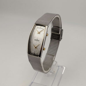 I Like Mikes Mid Century Modern Watches Skagen Unisex Silver Tone Watch, Rectangular Dual Face Dial,  Adjustable Mesh Strap